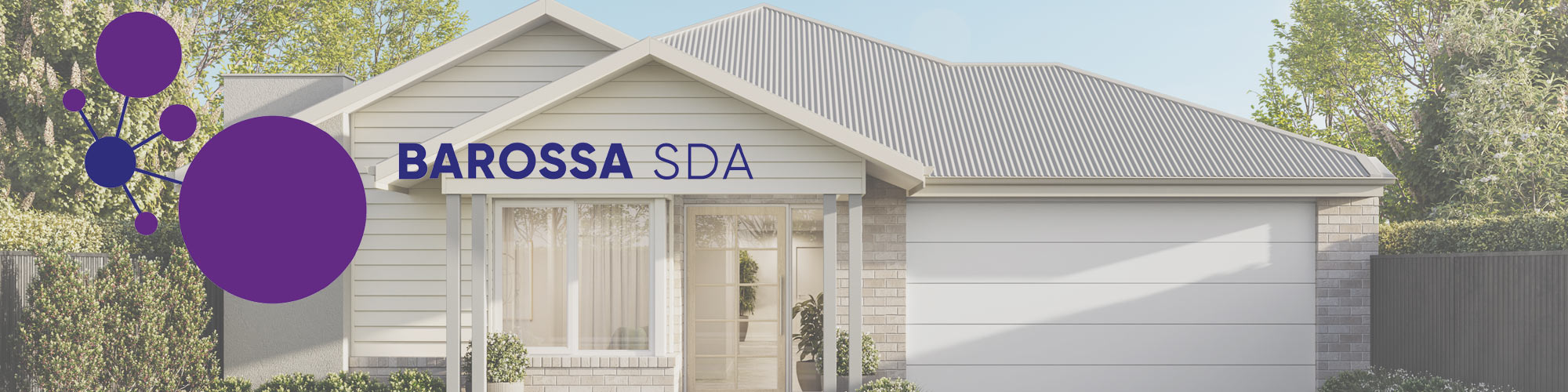 A modern single-story home with a light grey facade, large front windows, and a neatly landscaped front yard. Overlaid text reads 'BAROSSA SDA' in bold purple and blue font. A cluster of purple circles is positioned to the left, adding a graphic element to the design.