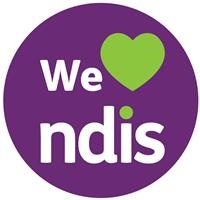 Round circle with the words We Love NDIS and a love heart replacing the word love.